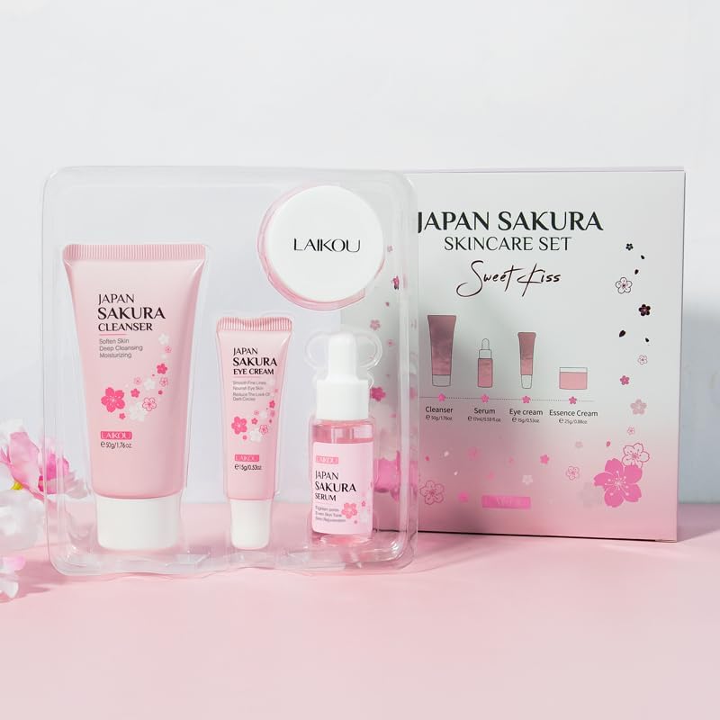 Sakura Skincare Set, 4 PCS Skincare Gift Set Women - Cleanser, Serum, Eye Cream, Face Cream, Skincare Gift Set for Women Teenage Girls Mom Daughter