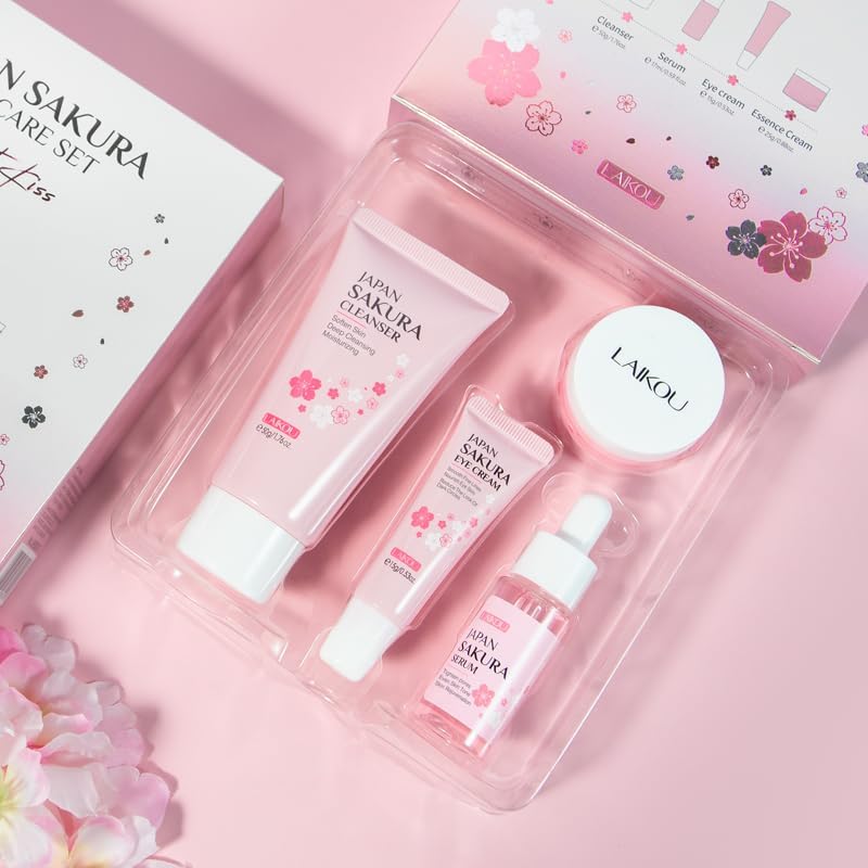 Sakura Skincare Set, 4 PCS Skincare Gift Set Women - Cleanser, Serum, Eye Cream, Face Cream, Skincare Gift Set for Women Teenage Girls Mom Daughter