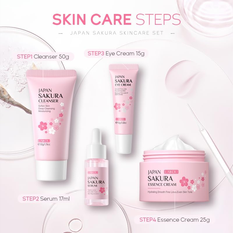 Sakura Skincare Set, 4 PCS Skincare Gift Set Women - Cleanser, Serum, Eye Cream, Face Cream, Skincare Gift Set for Women Teenage Girls Mom Daughter