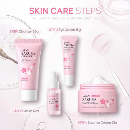 Sakura Skincare Set, 4 PCS Skincare Gift Set Women - Cleanser, Serum, Eye Cream, Face Cream, Skincare Gift Set for Women Teenage Girls Mom Daughter