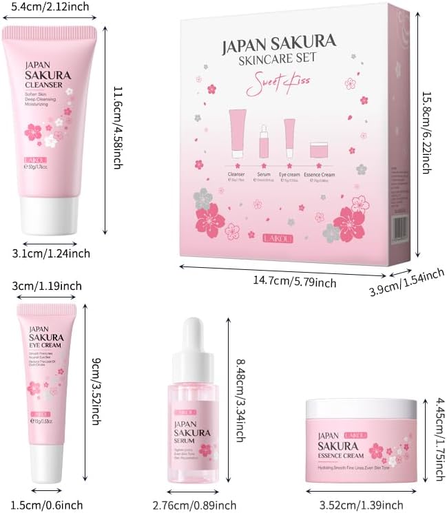 Sakura Skincare Set, 4 PCS Skincare Gift Set Women - Cleanser, Serum, Eye Cream, Face Cream, Skincare Gift Set for Women Teenage Girls Mom Daughter