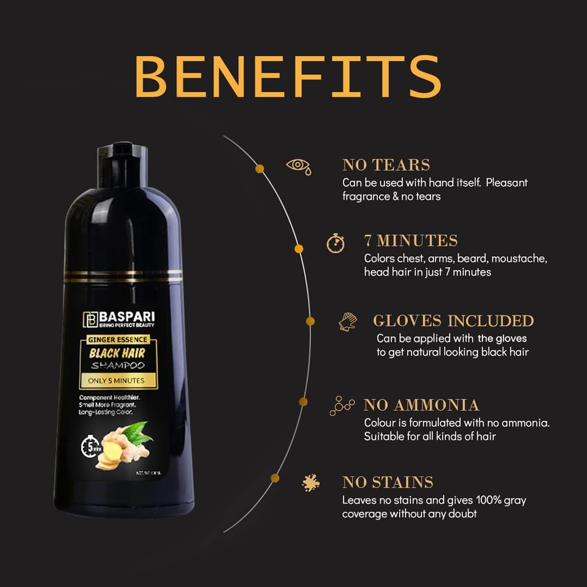 Baspari VIP Ginger Black Hair Dye Shampoo Turn your white & grey hair in Just 5 mints & long lasting Result (Black) (500 ML) شامبو صبغ الشعر الأسود بالزنجبيل