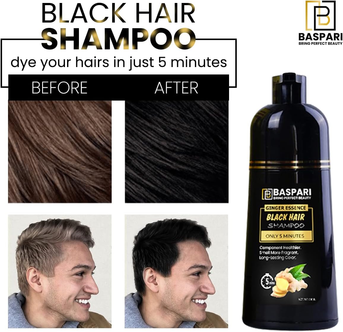 Baspari VIP Ginger Black Hair Dye Shampoo Turn your white & grey hair in Just 5 mints & long lasting Result (Black) (500 ML) شامبو صبغ الشعر الأسود بالزنجبيل
