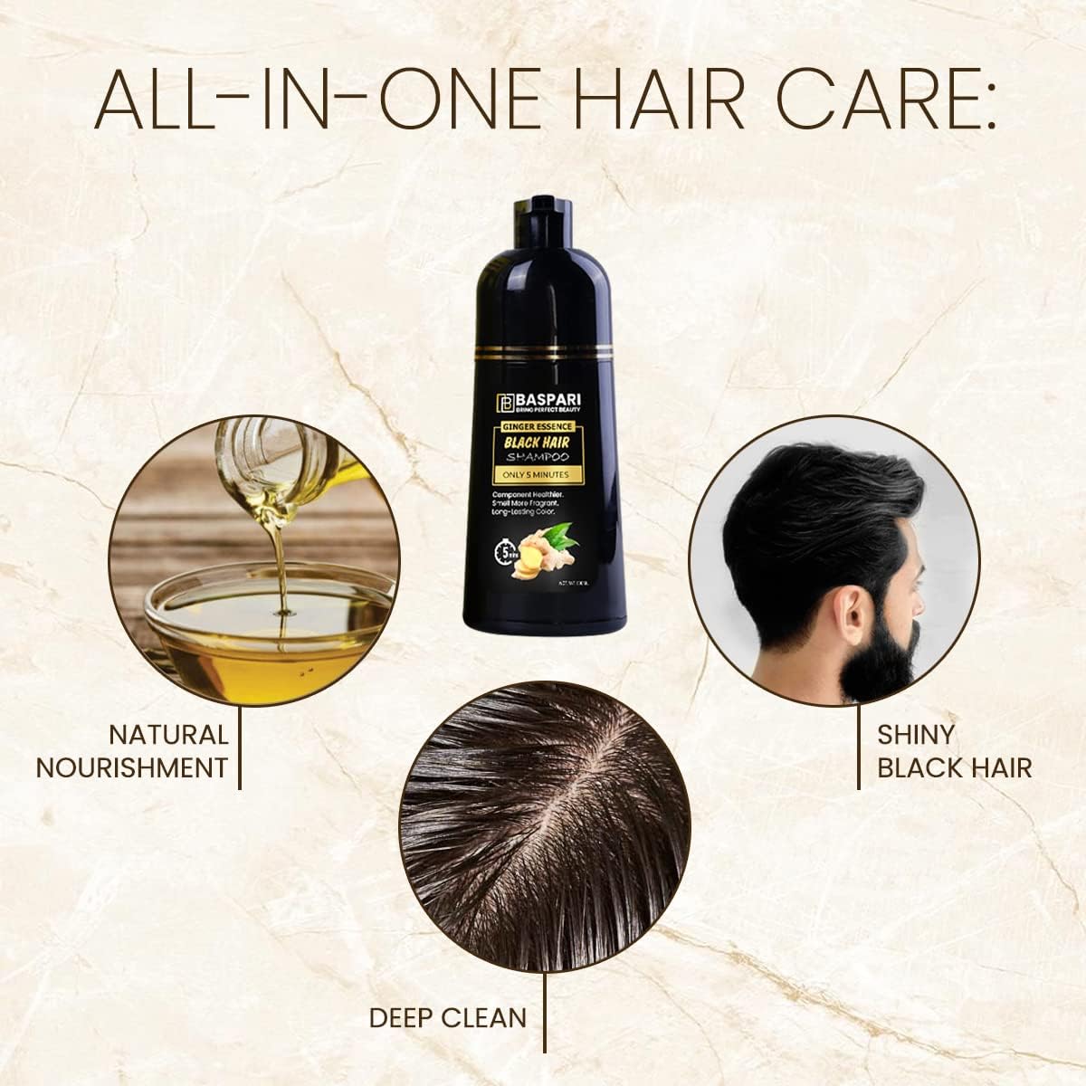 Baspari VIP Ginger Black Hair Dye Shampoo Turn your white & grey hair in Just 5 mints & long lasting Result (Black) (500 ML) شامبو صبغ الشعر الأسود بالزنجبيل