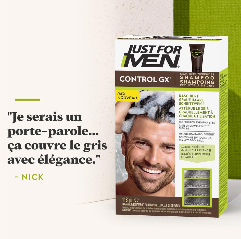 Just For Men Control GX Shampoo to Reduce Grey Hair, Hair Dye, Hair Colour, Men, with Coconut Oil and Aloe Vera - All Hair Colours, 118 ml