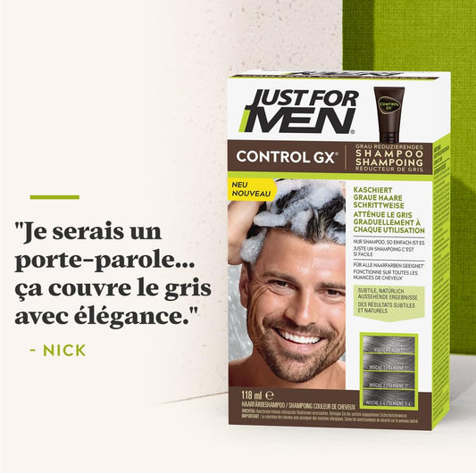 Just For Men Control GX Shampoo to Reduce Grey Hair, Hair Dye, Hair Colour, Men, with Coconut Oil and Aloe Vera - All Hair Colours, 118 ml
