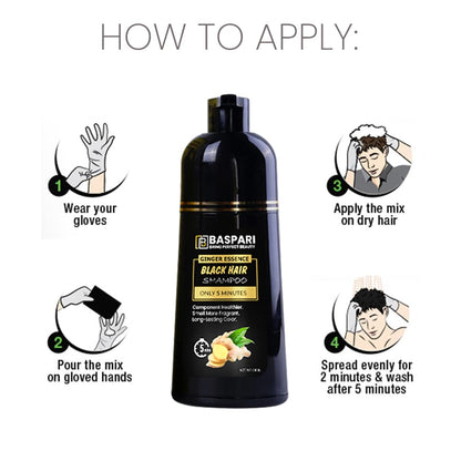 Baspari VIP Ginger Black Hair Dye Shampoo Turn your white & grey hair in Just 5 mints & long lasting Result (Black) (500 ML) شامبو صبغ الشعر الأسود بالزنجبيل
