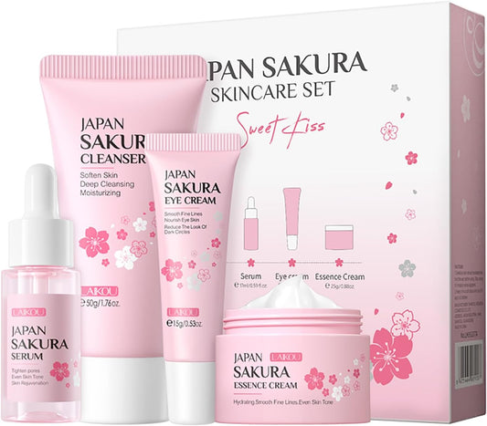 LAIKOU Sakura Skincare Set, 4 PCS Skincare Gift Set Women - Cleanser, Serum, Eye Cream, Face Cream, Skincare Gift Set for Women Teenage Girls Mom Daughter