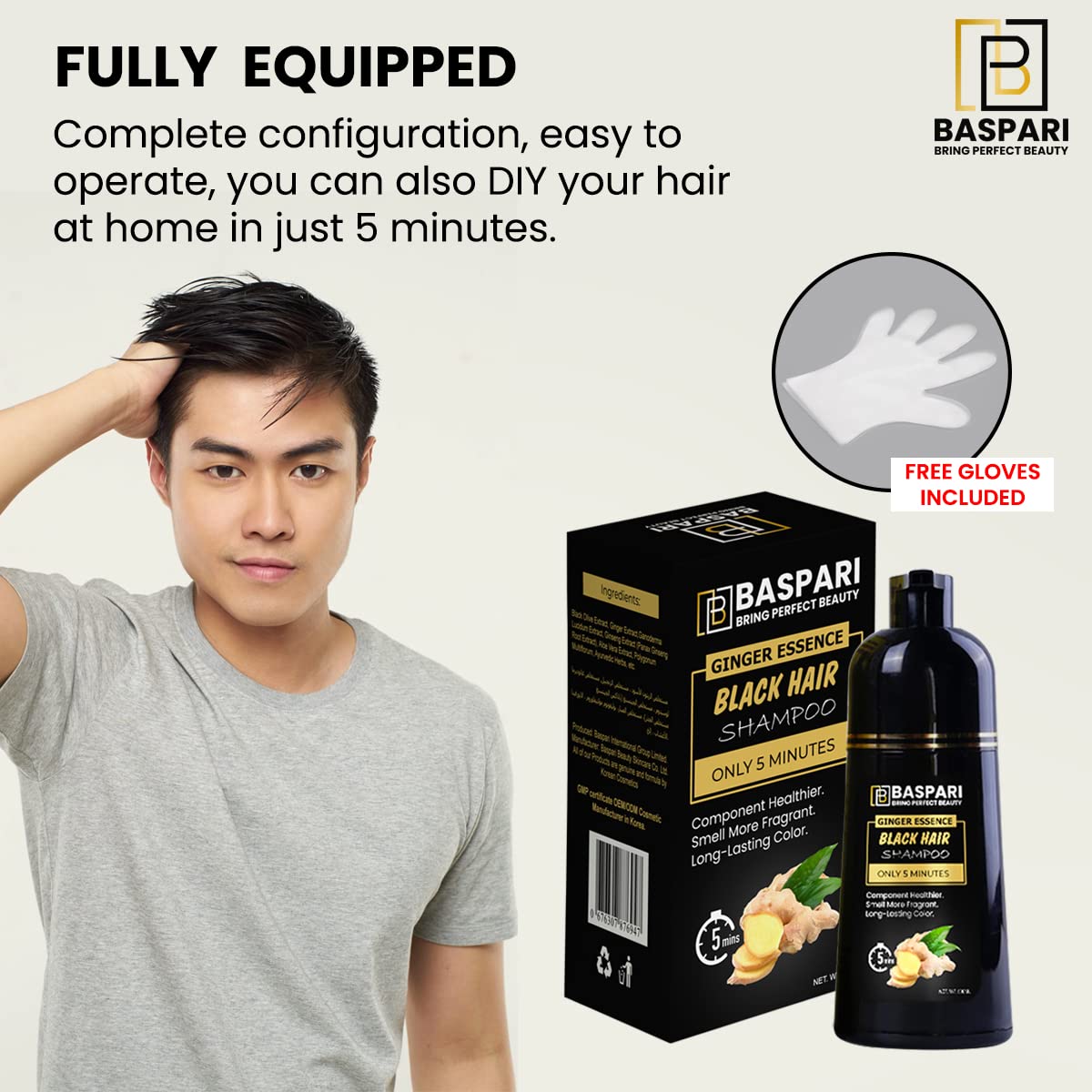 Baspari VIP Ginger Black Hair Dye Shampoo Turn your white & grey hair in Just 5 mints & long lasting Result (Black) (500 ML) شامبو صبغ الشعر الأسود بالزنجبيل