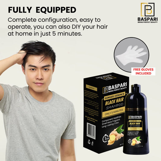 Baspari VIP Ginger Black Hair Dye Shampoo Turn your white & grey hair in Just 5 mints & long lasting Result (Black) (500 ML) شامبو صبغ الشعر الأسود بالزنجبيل