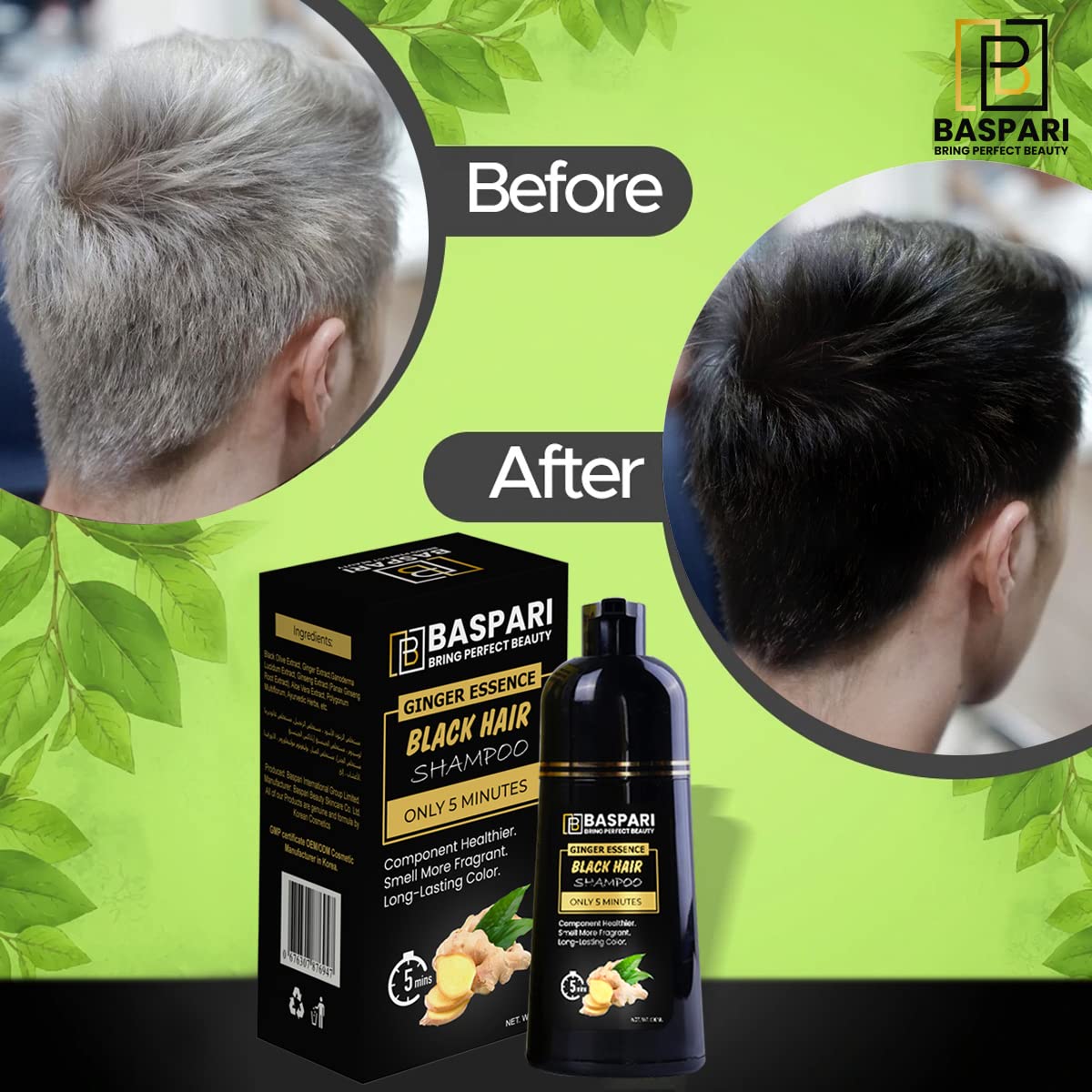 Baspari VIP Ginger Black Hair Dye Shampoo Turn your white & grey hair in Just 5 mints & long lasting Result (Black) (500 ML) شامبو صبغ الشعر الأسود بالزنجبيل