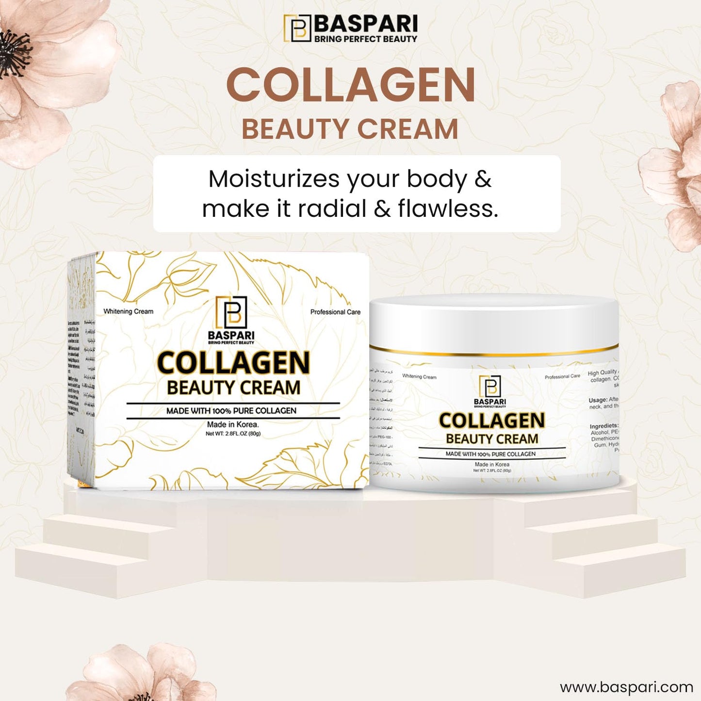 Baspari Beauty Cream Made with 100% Pure Collagen Promotes Tight Skin Enhances Skin Firmness