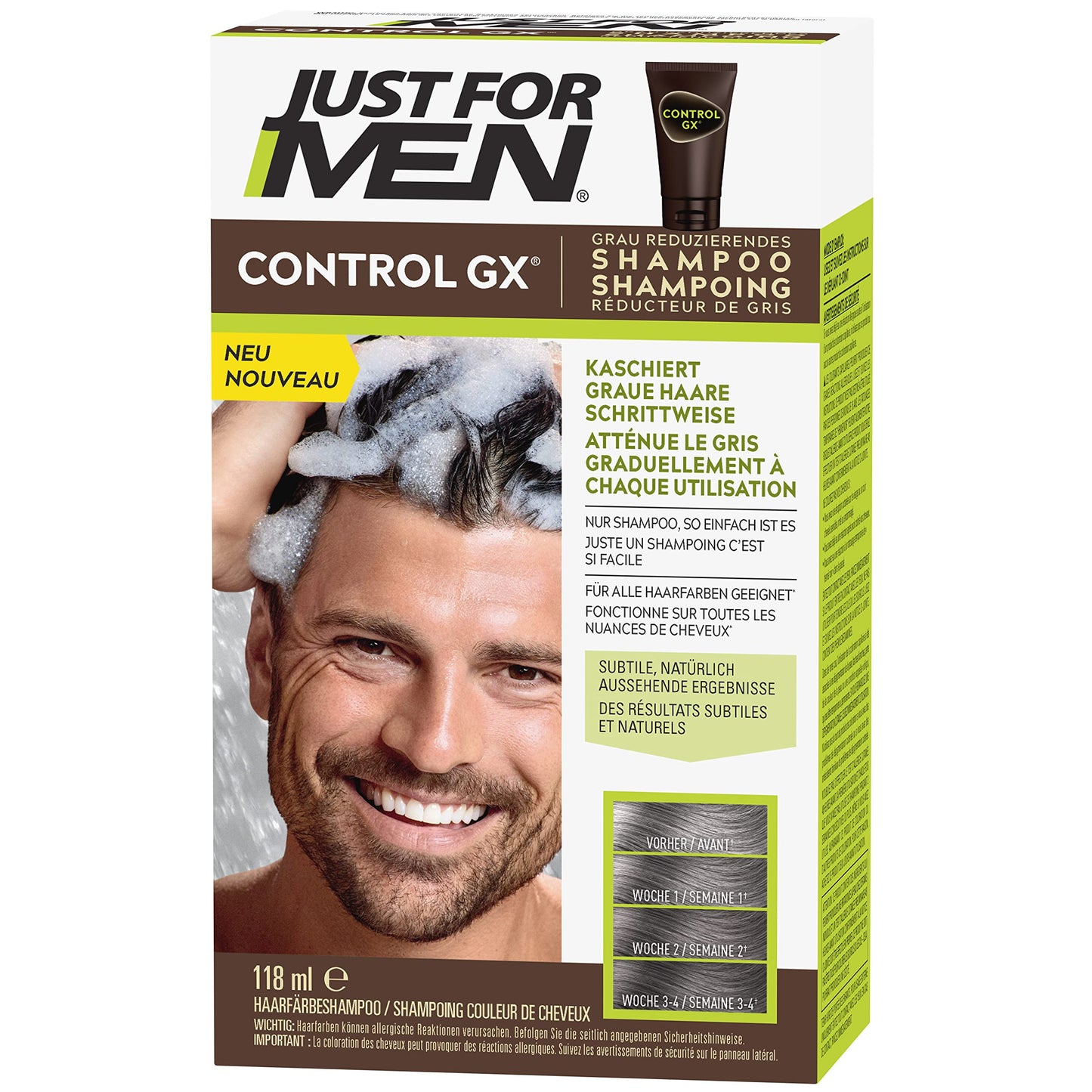 Just For Men Control GX Shampoo to Reduce Grey Hair, Hair Dye, Hair Colour, Men, with Coconut Oil and Aloe Vera - All Hair Colours, 118 ml