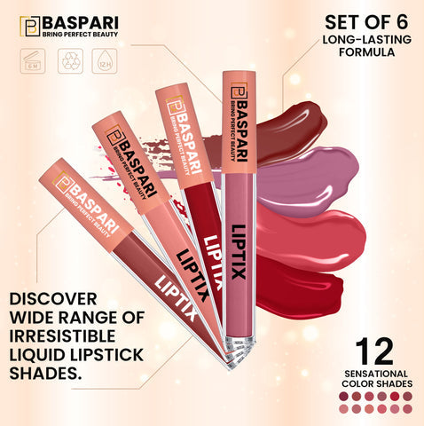 Baspari Matte LIPTIX - Liquid Lipstick Makeup Set of 6 Pcs