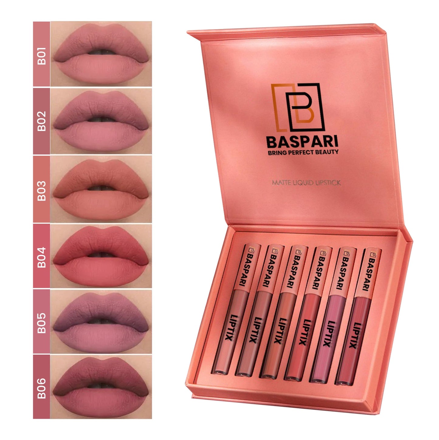 Baspari Matte LIPTIX - Liquid Lipstick Makeup Set of 6 Pcs