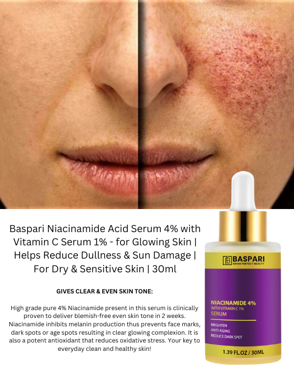 Baspari Niacinamide Acid Serum 4% with Vitamin C Serum 1% -   for Glowing Skin | Helps Reduce Dullness & Sun Damage | For Dry & Sensitive Skin | 30ml