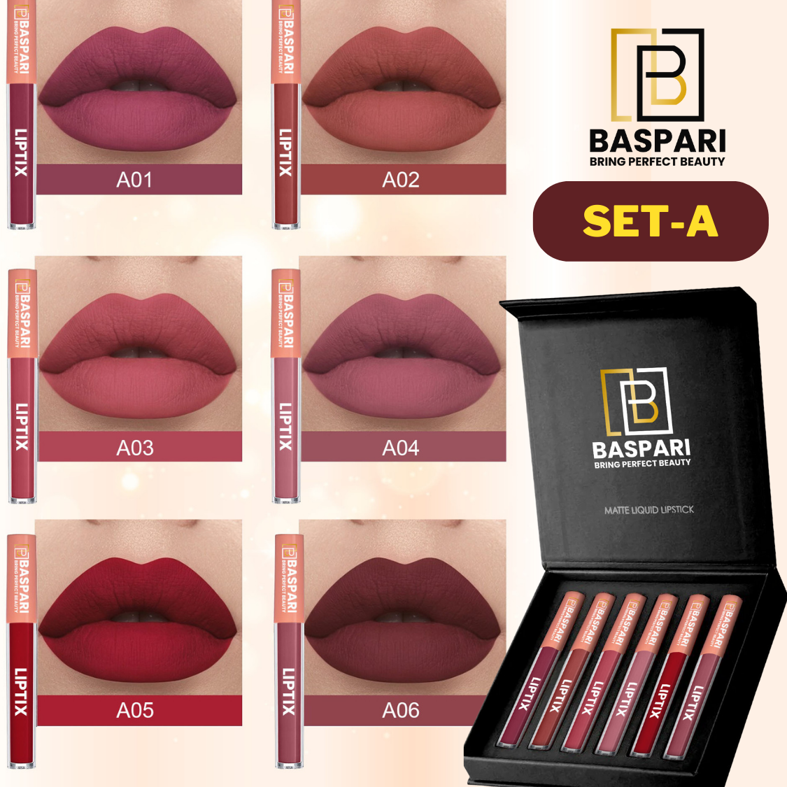 Baspari Matte LIPTIX - Liquid Lipstick Makeup Set of 6 Pcs