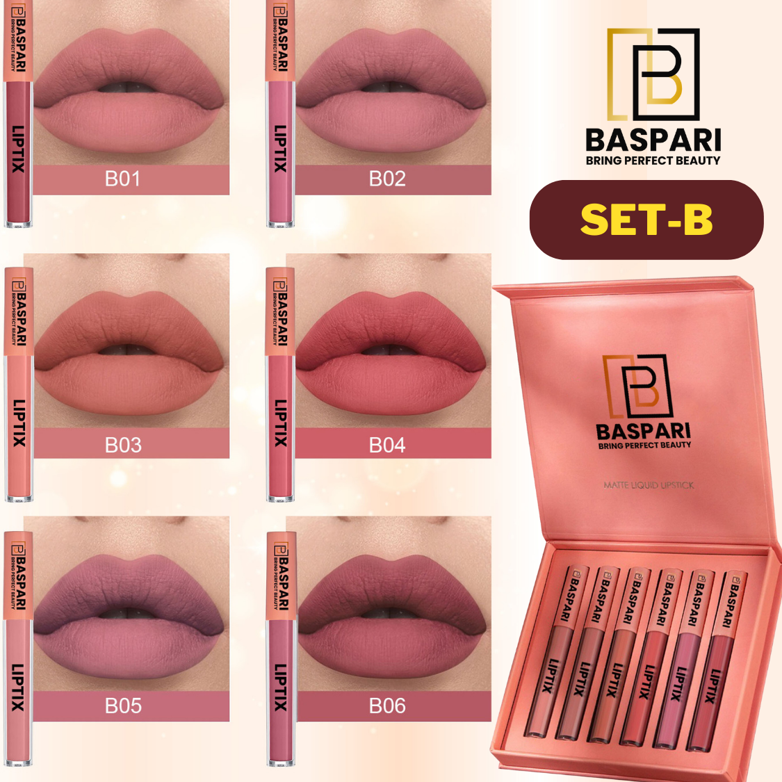 Baspari Matte LIPTIX - Liquid Lipstick Makeup Set of 6 Pcs